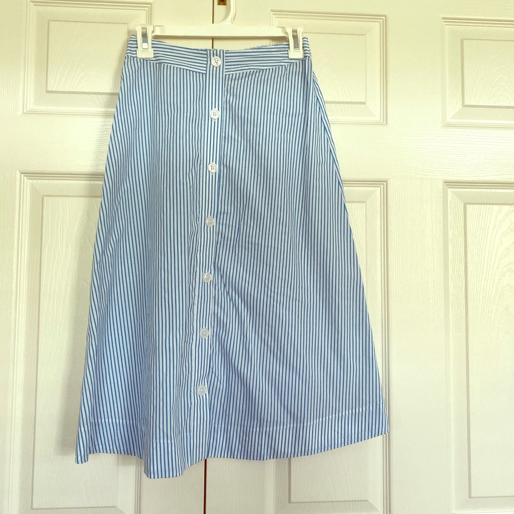 Blue and white striped midi skirt